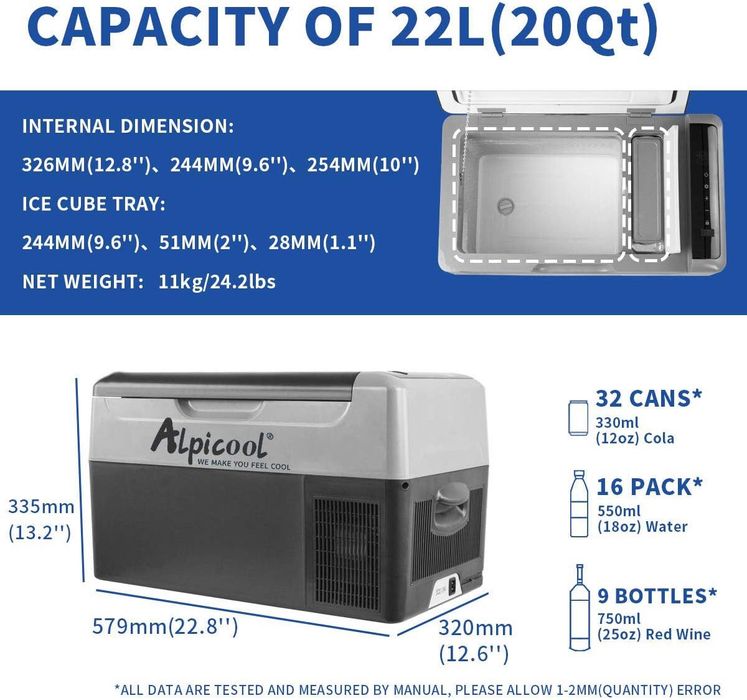 Frigider portabil Alpicool G22 – 22L. -20°C / +20°C | 12V / 24V / 220V