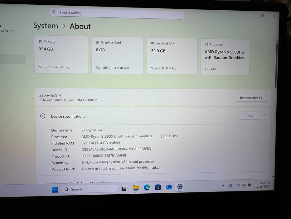 ASUS Zephyrus G14 Ryzen 9 5900HS, 32GB, SSD 1TB, GeForce RTX 3060 6GB