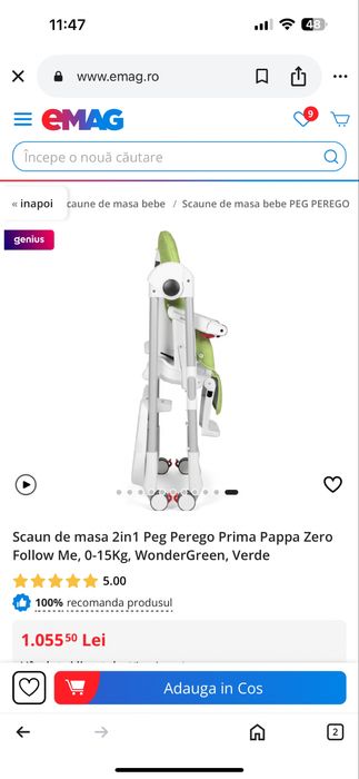 Scaun de masa 2in1 Peg Perego Prima Pappa Zero Follow Me