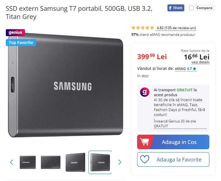 SSD extern Samsung T7 portabil, 500GB, USB 3.2, Titan Grey