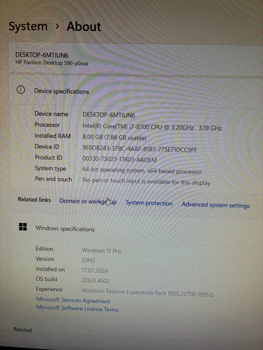 PC desktop HP Pavilion Intel Core i7-8700 CPU 3.20GHz