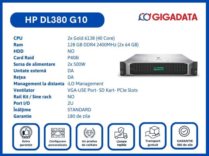 HP DL380 G10 2x Gold 6138 128GB P408i 2x PS Server 6 Luni Garantie