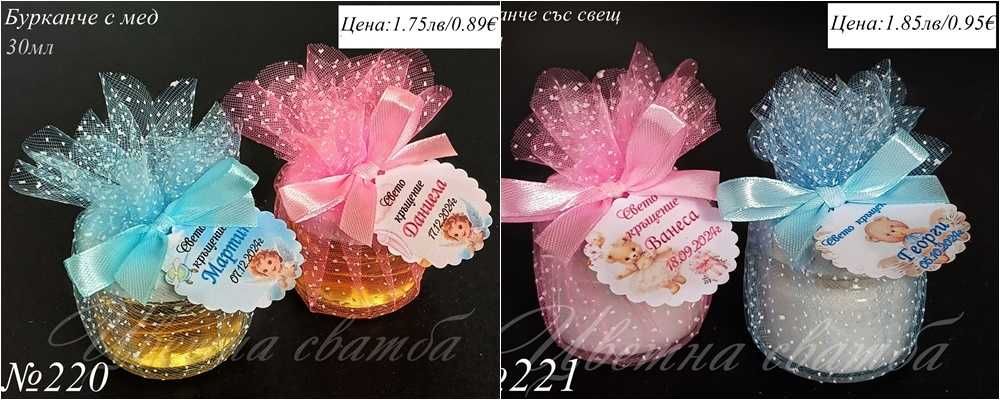 Подаръчета за кръщене, Подаръци за гости, Бурканче с мед, свещи
