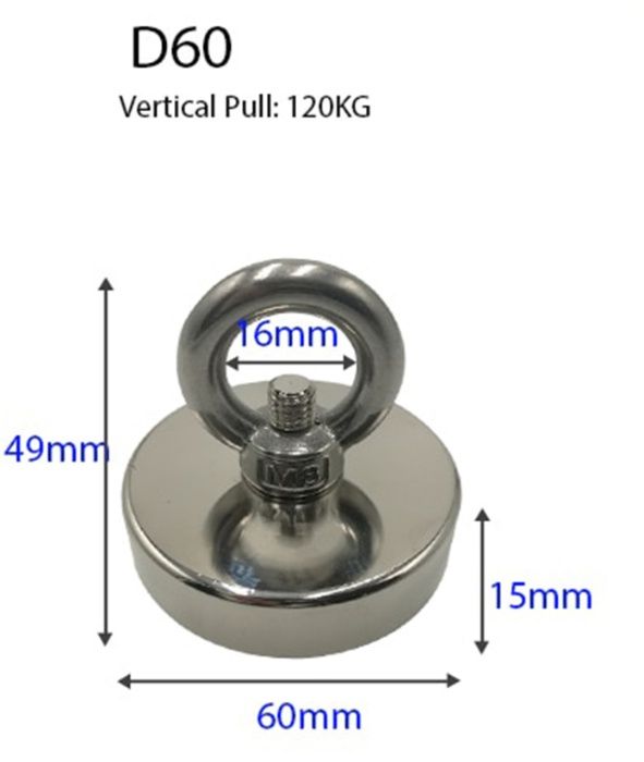 60mm 140кг. МАГНИТ за магнет фишинг, магнитен риболов, с кука (халка)