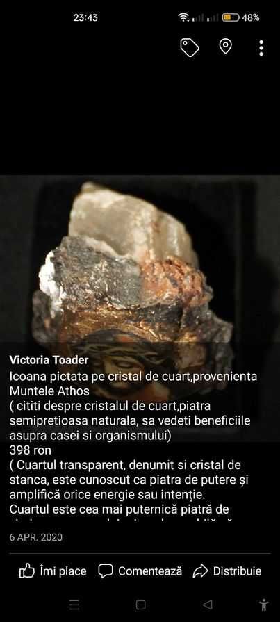Unicat!!!Icoana pictata pe cristal de cuart