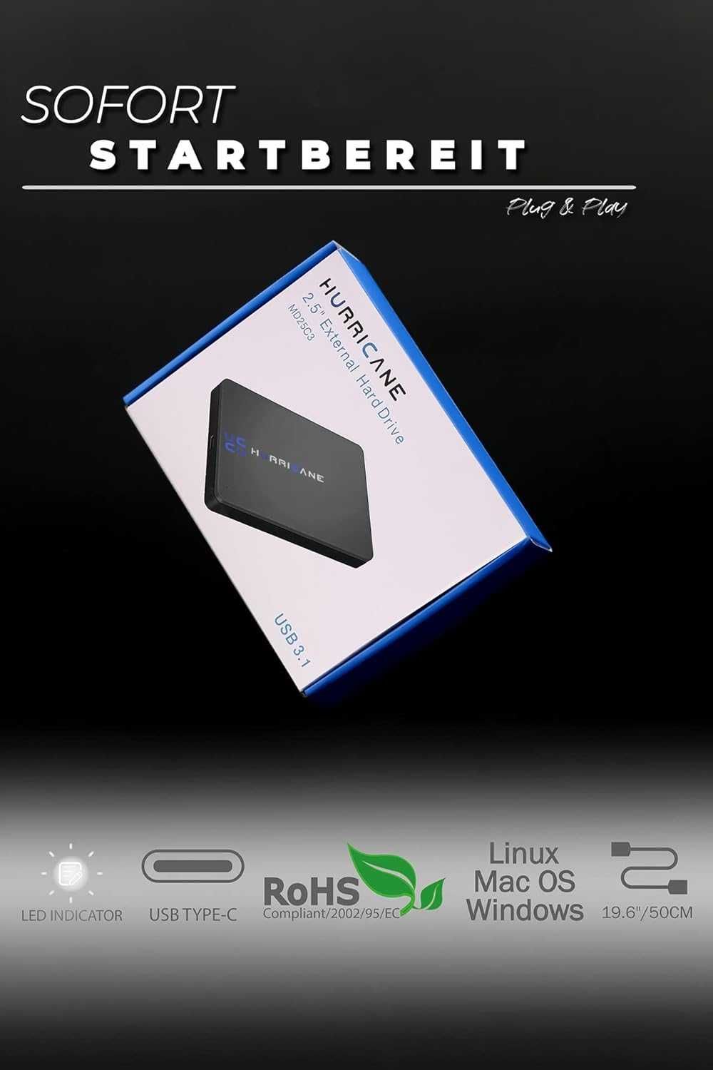 Hurricane MD25C3 1TB Външен твърд диск 2.5” USB-C Преносим твърд диск