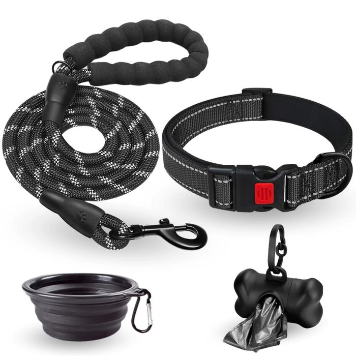 Set câini: zgardă neopren reglabilă, lesă reflectorizantă, bol
