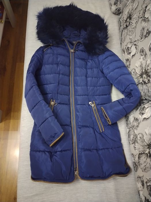 Дамска шуба синя с качулка