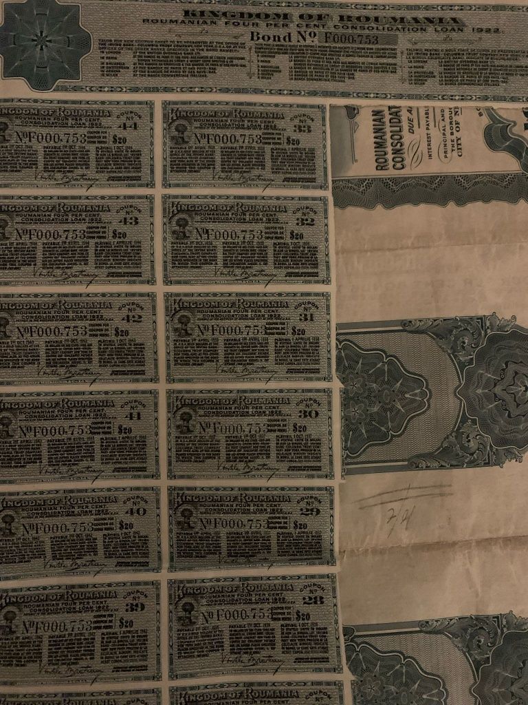 titlu stat $1000 aur 1922 Romania bond dolari SUA  neincasat -cupoane