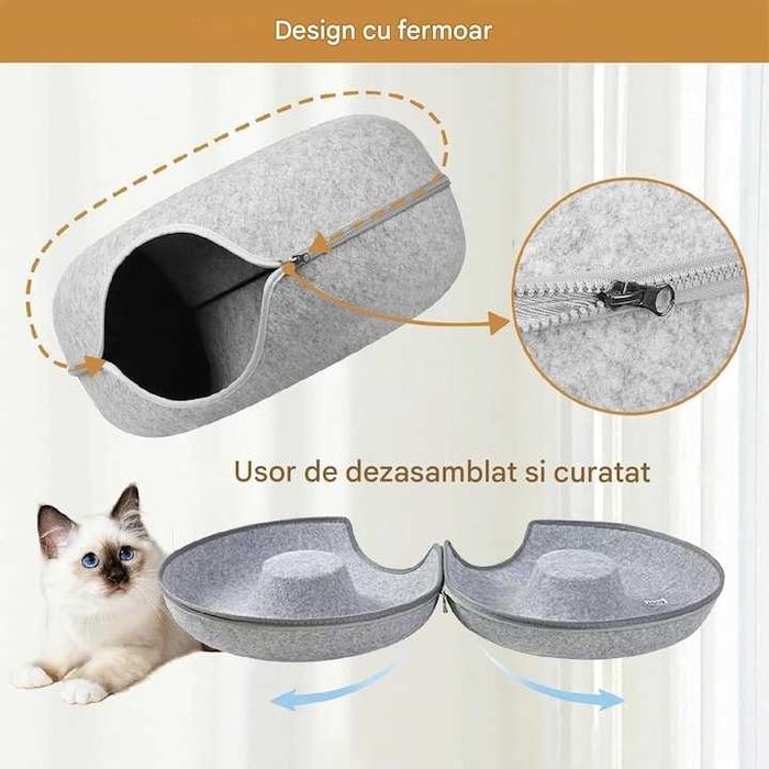 Pat tunel pentru pisici forma rotunda pentru joaca si somn 50x20 cm