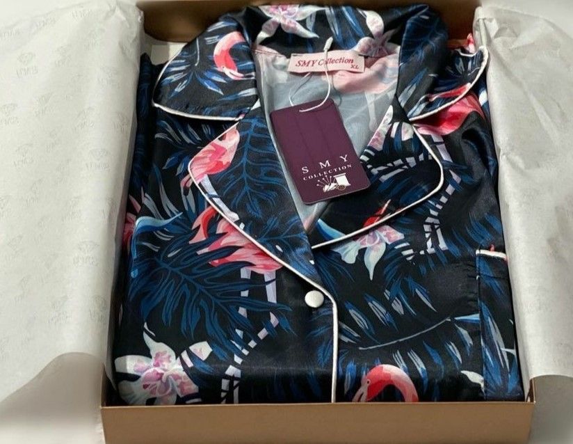 Pijamale din satin, imprimeu flamingo