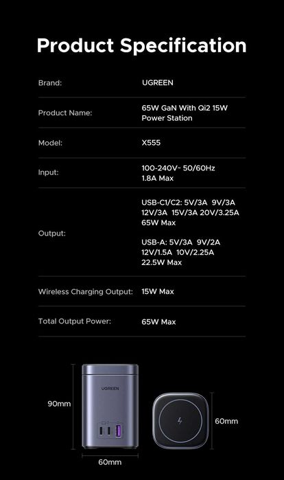 UGREEN Qi2 GaN 65W Док-станция 2в1 Держатель Magnetic 15W & iPhone 17