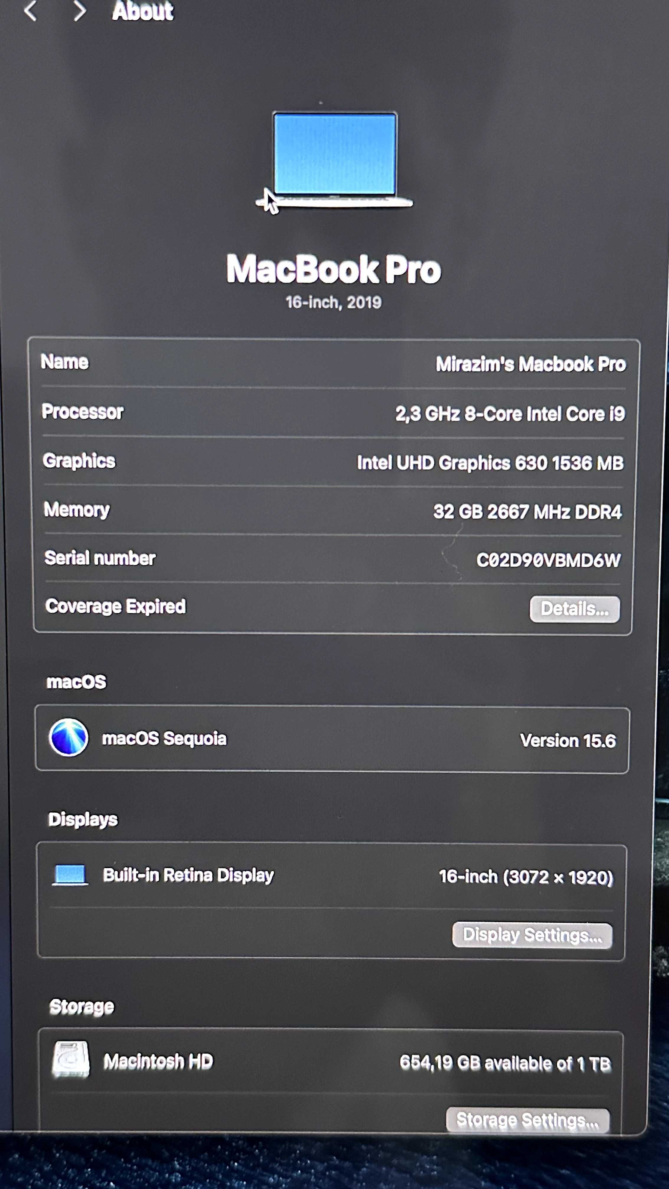Macbook 2019 16'inch 1TB Intel-i9