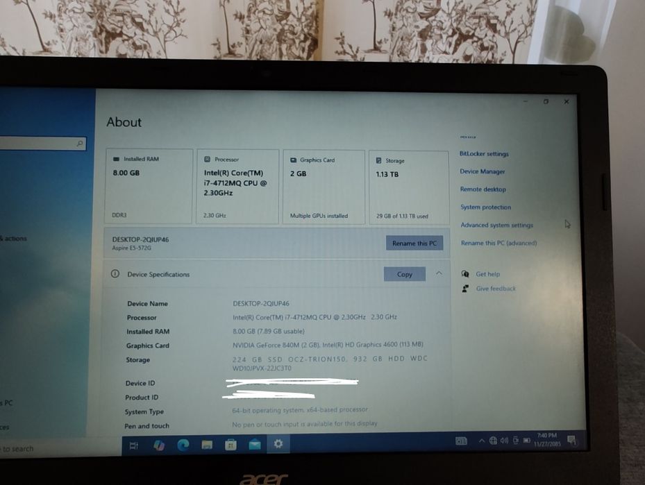 Laptop Acer E5 572-75MW I7, 1.24 Tb