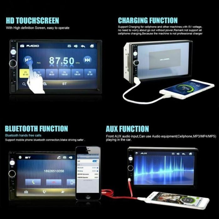 MP5 Video Player 2DIN - Bluetooth, Mirror Link, USB, 7" HD Touchscreen