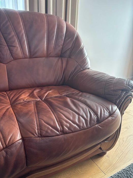 Set canapea si doua fotolii 3 - 1 - 1 Lemn Masiv si Piele Naturala