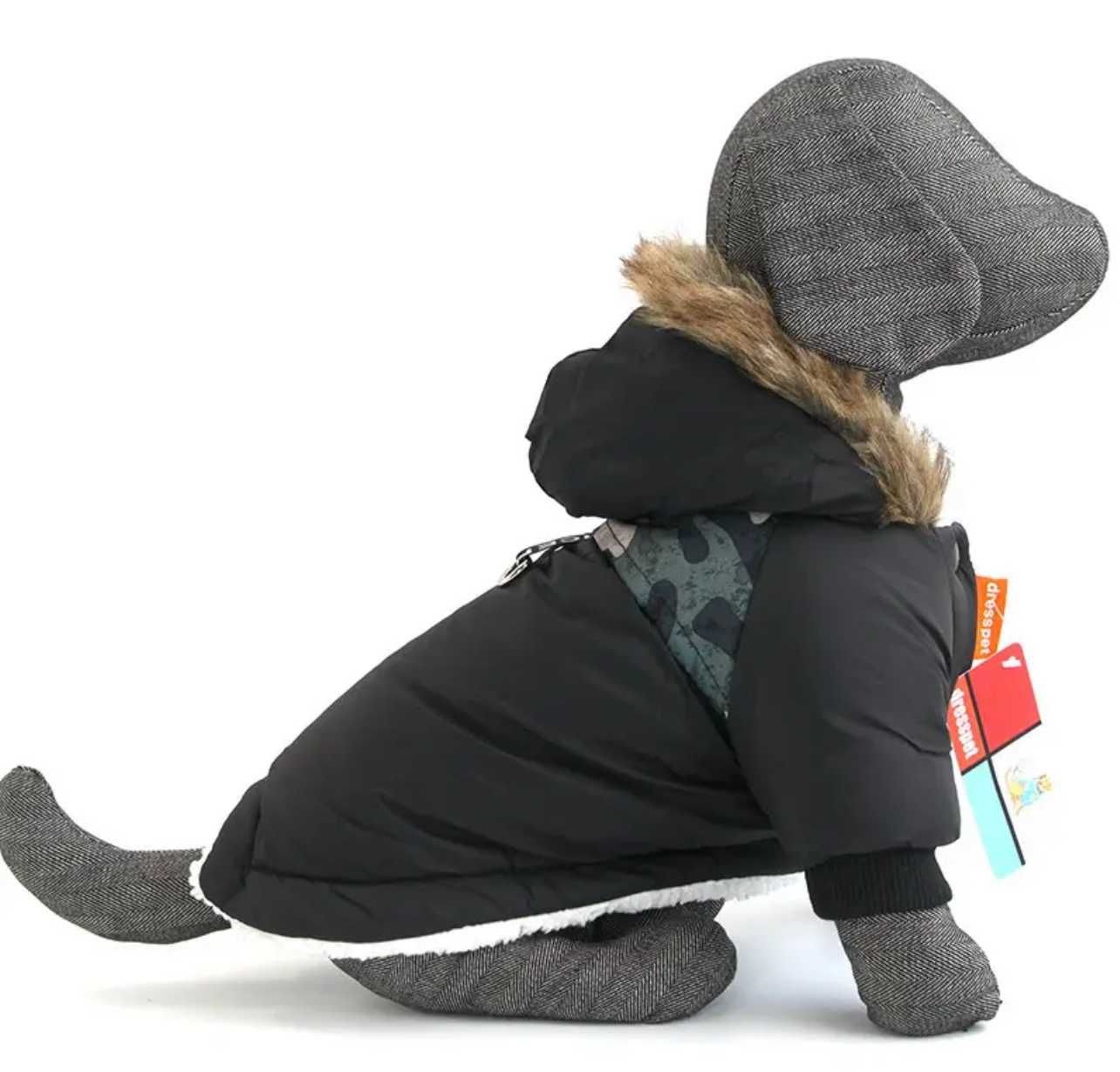 Кучешка дреха зимно ватирано палто яке худи с пухена качулка черно