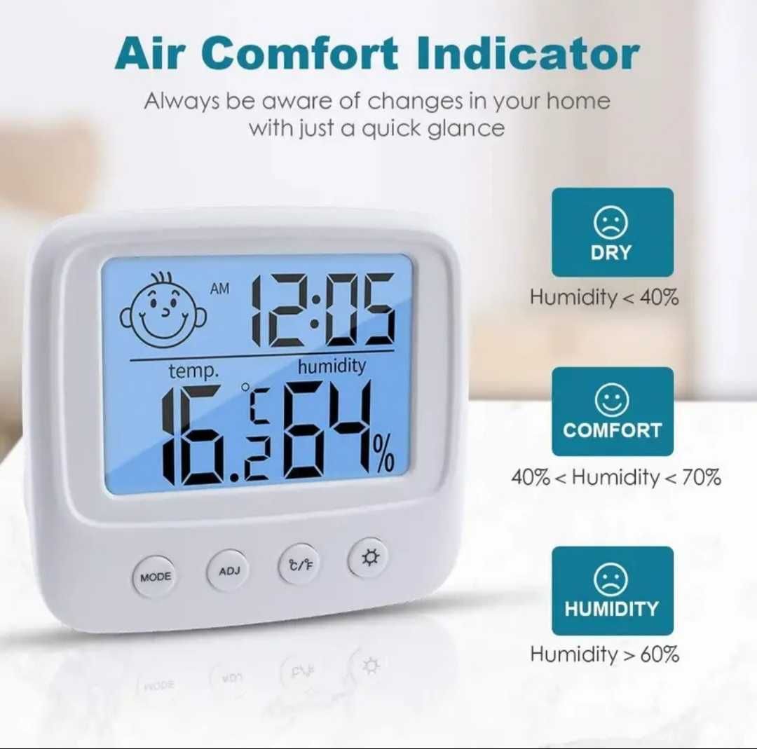 Termometru de interior cu higrometru, ceas și alarma