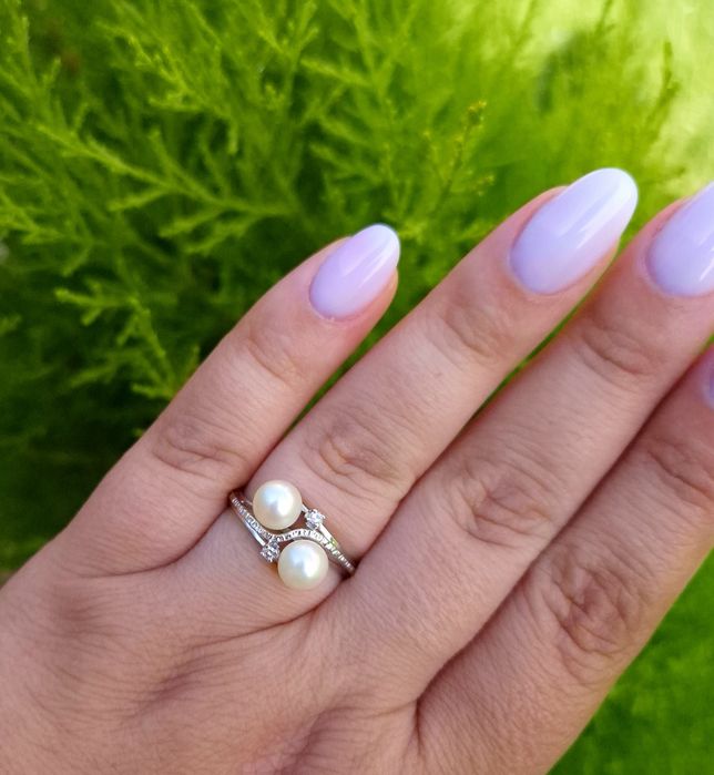 Inel din aur de 14K cu diamante naturale si perle Akoya