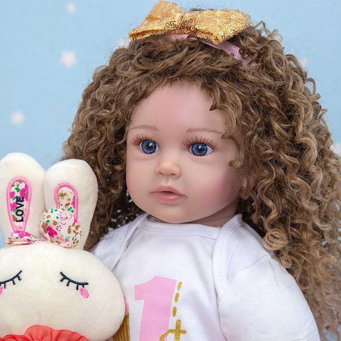 Papusa Bella cu parul ondulat si lung, 55 cm, Roz/Alb