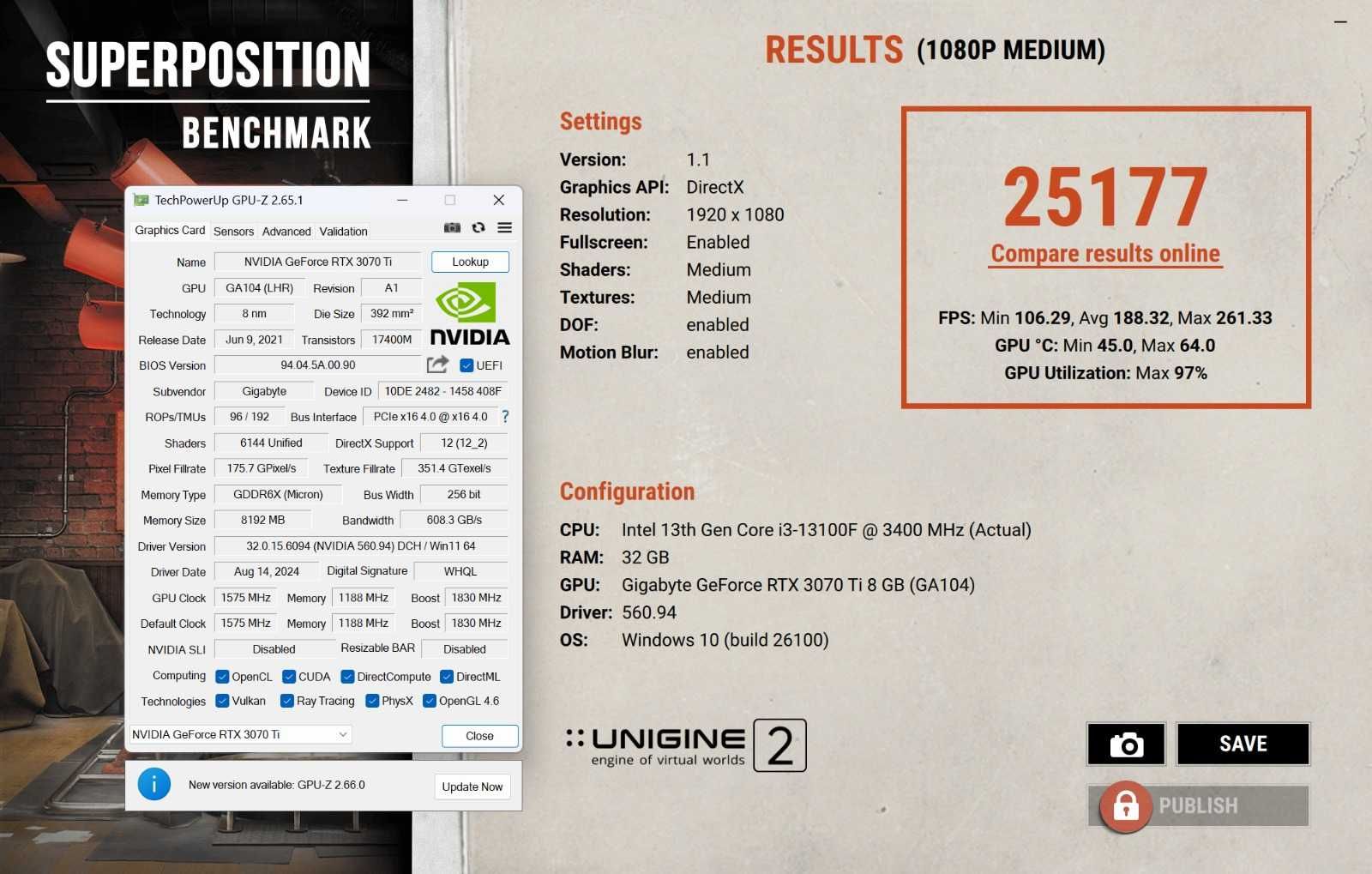 Placa video RTX 3070 Ti GIGABYTE GAMING OC LHR 8GB GDDR6X 256-bit
