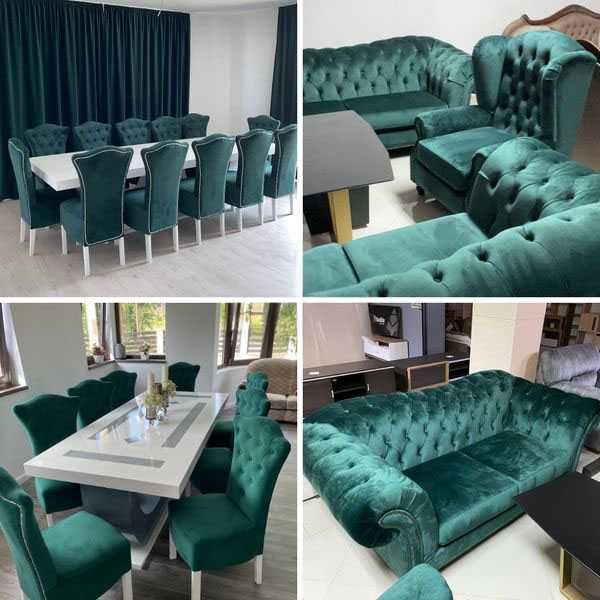 Masă mare living cu 12 scaune piele culoarea neagră