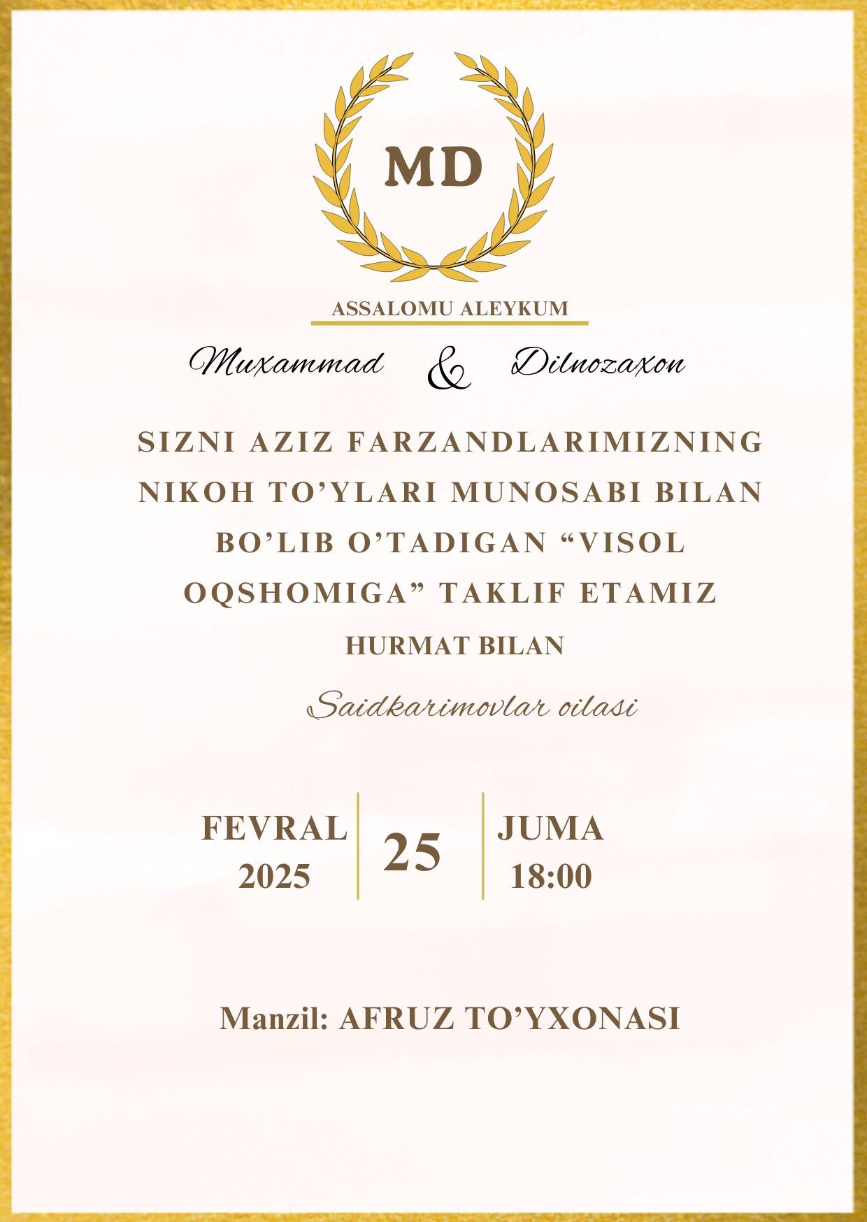 Kelin toʻy va sunnat toʻylar uchun  taklifnomalar. Vizitkalar
