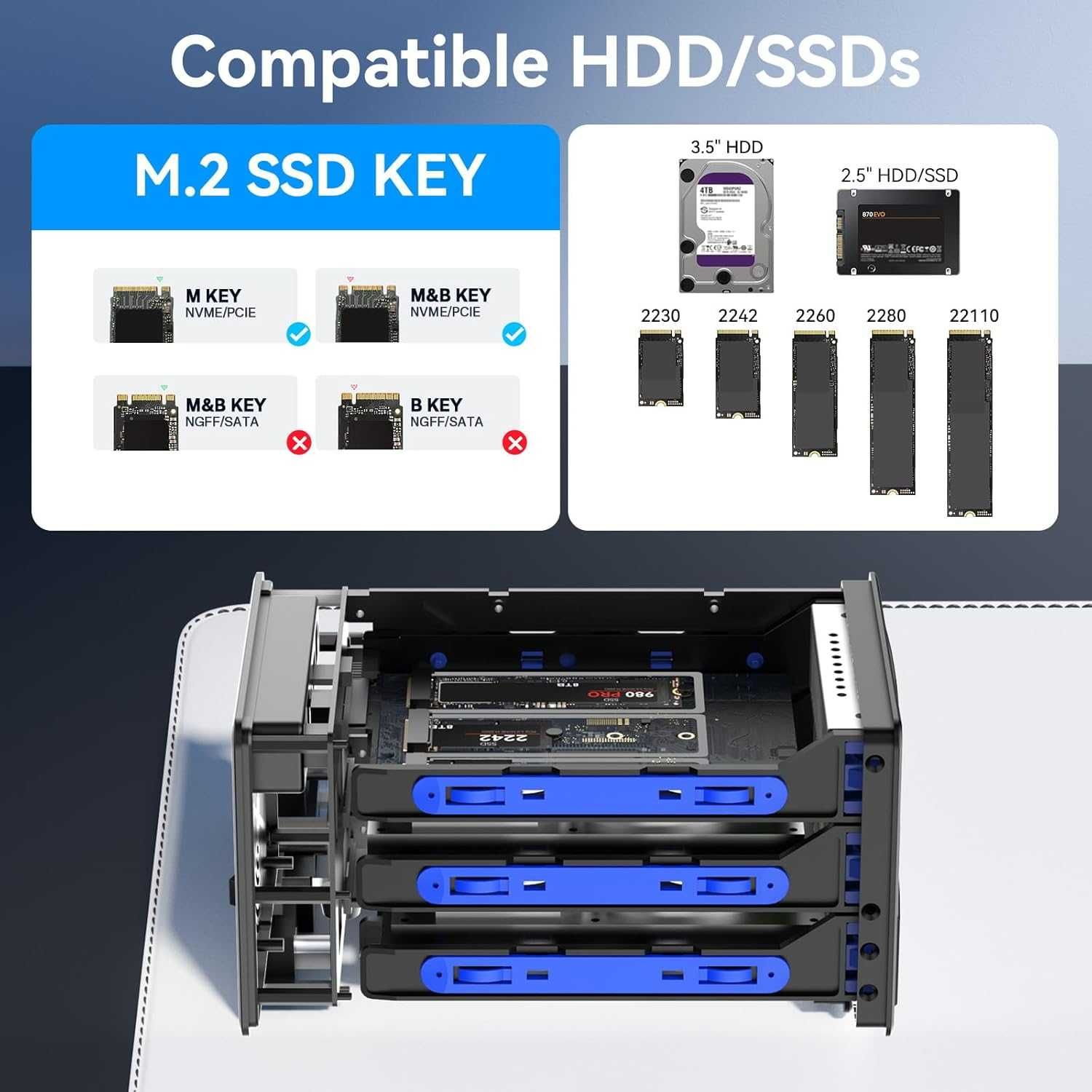 CENMATE Хибриден корпус за твърд диск 2*2.5/3.5" RAID HDD + 3*M.2 NVMe
