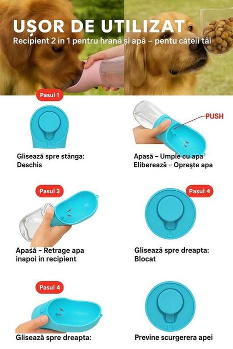 Sticla de apa portabila pentru caini si pisici 500 ml, 2 in 1