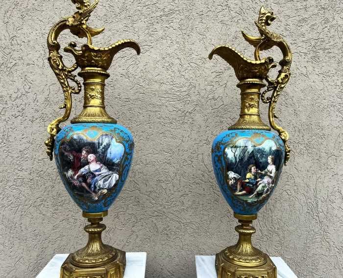 Impozant set-carafe bronz-portelan pictat-maner forma dragon-Franta