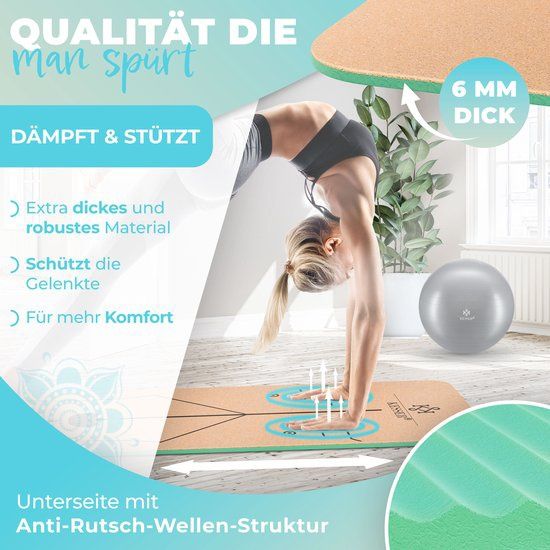 Коркова постелка за йога 183 х 62 см с блок и каишка , не плъзгаща