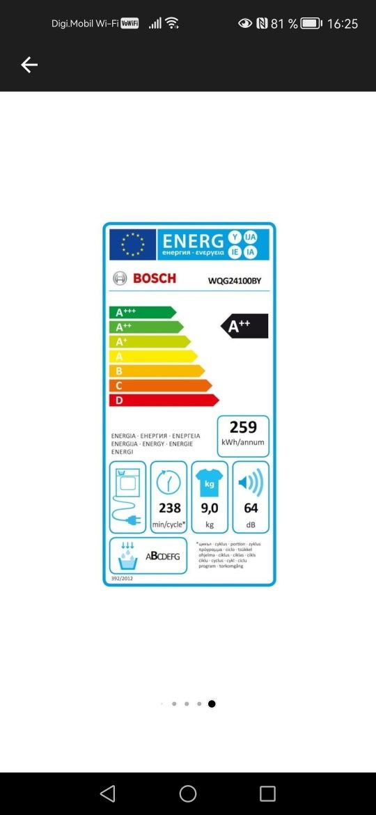 Uscator de rufe Bosch WQG24100BY, Pompa de caldura, 9 kg, Clasa A++, A