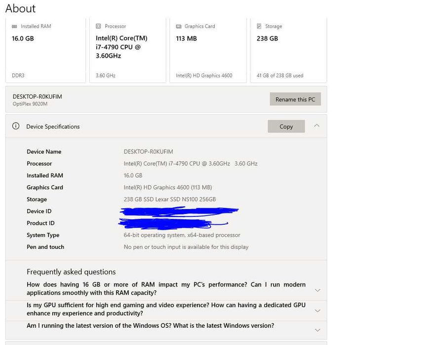 DELL OptiPlex 9020 Micro i7-4790 CPU, 16GB RAM, 256 GB SSD