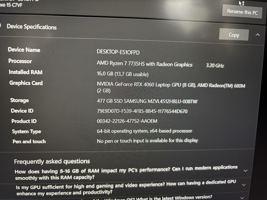 Laptop Gaming MSI Bravo 15C7V Ryzen 7 7735HS RTX 4060 8GB 16GB ram