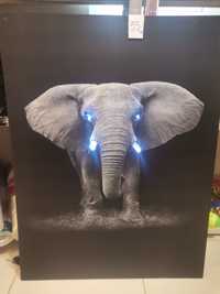 Голяма картина със слон, светещи очи и бивни