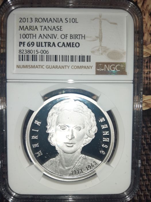 Monedă 10 lei,  BNR, argint, Maria Tănase, NGC 69