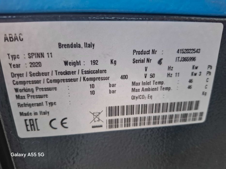 Compresor  Abac Spin 11 de 11 kw,an 2020, 10 bar ,2730 ORE.