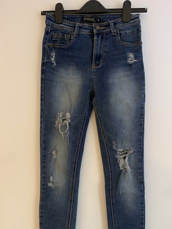 Blugi lungi jeans skinny slim fit cu rupturi marime 25 XS