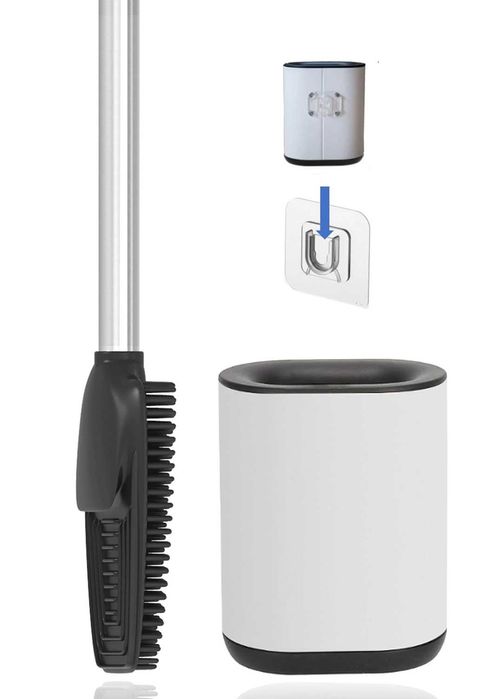 Perie WC silicon 3 in 1 cu suport si maner inox perete