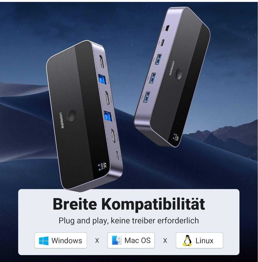 UGREEN HDMI 2.0 KVM превключвател 4K60Hz USB3.0 4 порта 3xUSB3.0+USB C