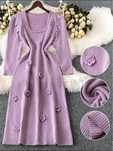 Rochie maxi tricotată cu umăr puf, cu flori 3D, culoare lila