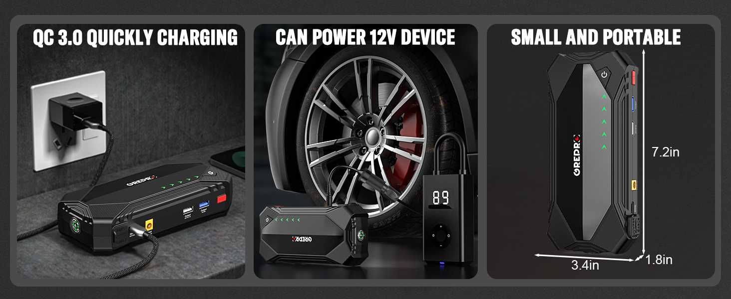 GREPRO 3000A бустер за подаване на ток Jump Starter/Power Bank /LED