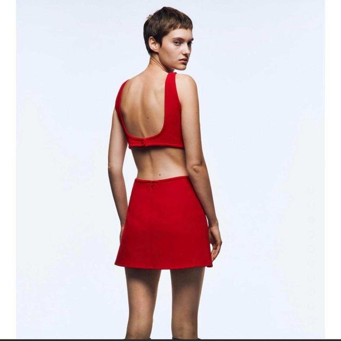 Zara rochie decupata cut out rosie tweed textured spate gol mini noua