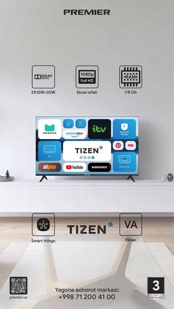 Telvizr Premeir 55PRM3010 Tizen os. Для дома.