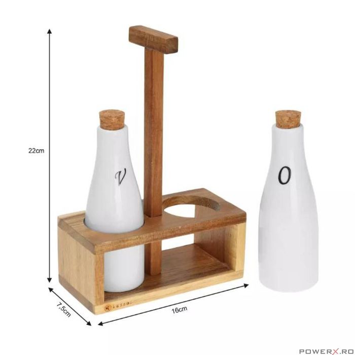 Set recipiente portelan, ulei si otet, cu suport din lemn de salcam,