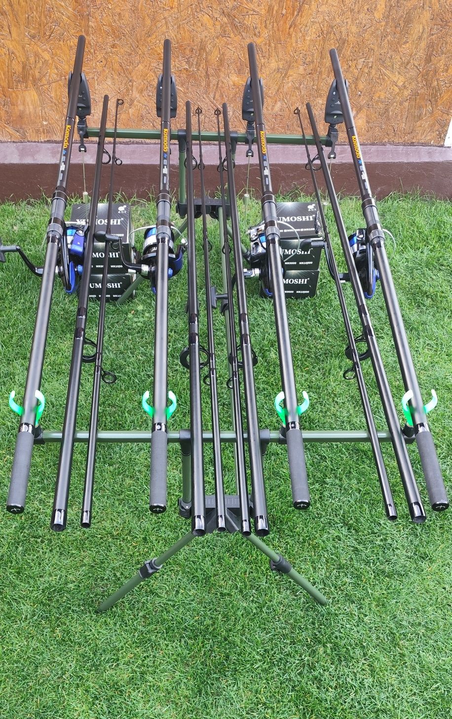 Set 4 Lansete Carbon 3,90m,3 Segm+4 Mulinete 8000+Rod Pod Echipat