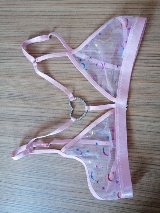 Sutien roz sexy fantasy transparent cu inimioara pietricele S 36
