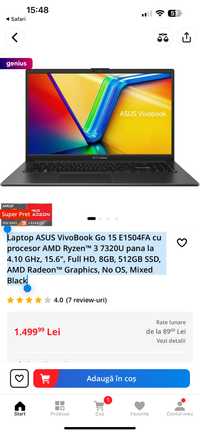 Laptop ASUS VivoBook Go 15 ryzen 3-7320u nou nefolosit garantie 2 ani