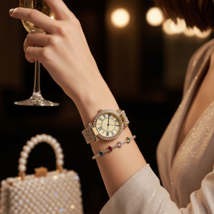 Елегантен женски часовни с две гривни в комплект 3в1