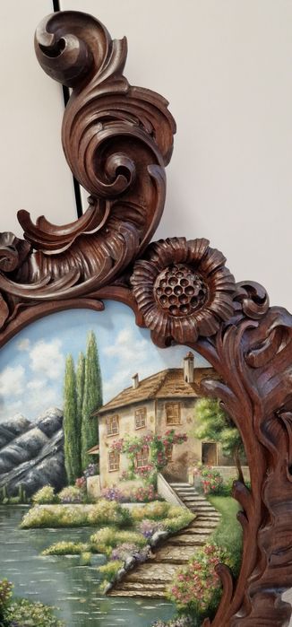 Tablou pictat cu rama de lemn sculptata